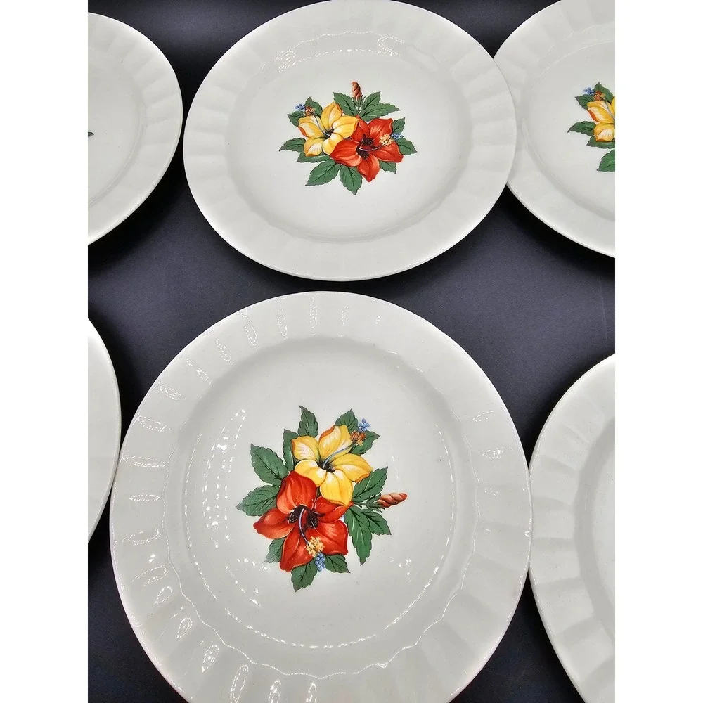 Vintage Cronin China Hibiscus Dessert Plates Set of 8 Red Yellow Floral 6.25in
